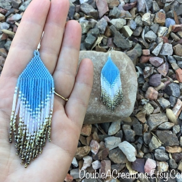 SKY Blue Beaded Earrings With Picasso Rattlesnake Fringe - Picture 6 of 7